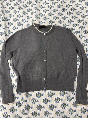 Zara Gray Crewneck Button-Up Sweater with lace detailing on the neck and sleeve